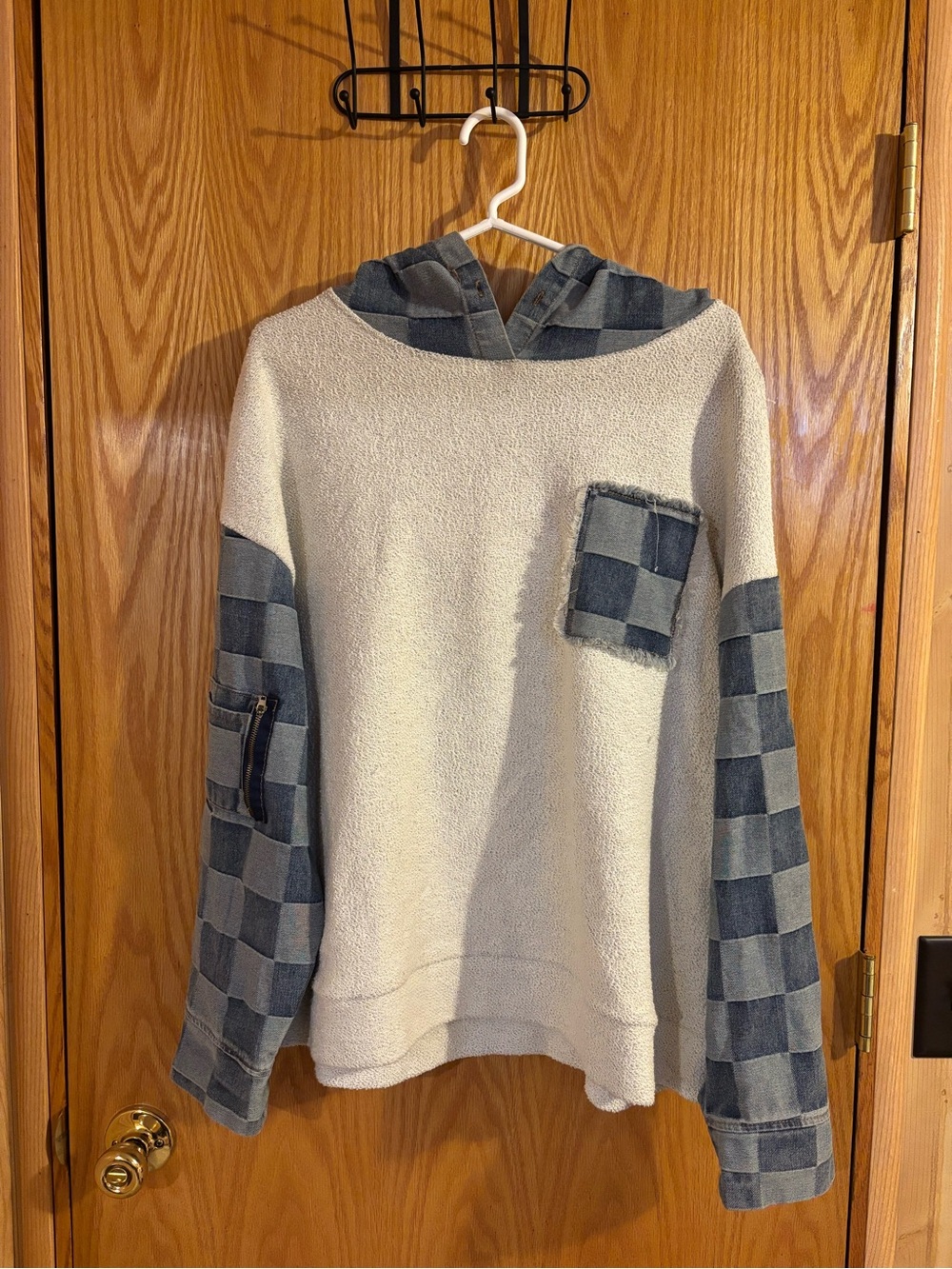 Women’s Cream Hoodie Sweater with Denim Accents